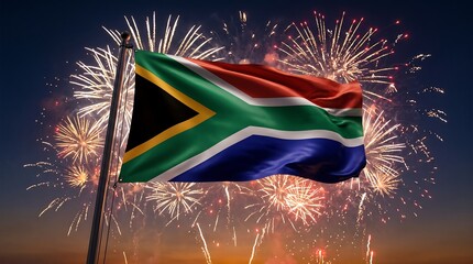 Obraz premium Waving South Africa flag on flagpole with festive golden fireworks in dark night sky background