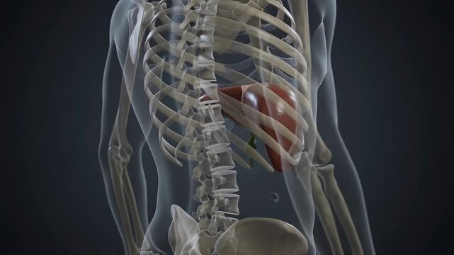 Anatomical 3d model of human liver inside the skeletal system