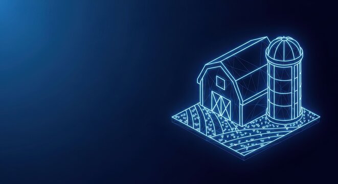 Luminous barn and farmland represented in a digital wireframe on a dark blue background