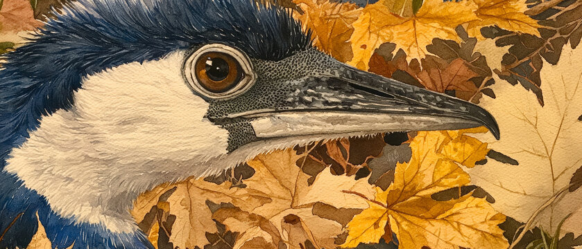 Watercolor painting of a striking blue and white bird's head with a prominent brown eye, set amidst a vibrant backdrop of autumn leaves