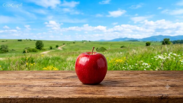 Apple Fresh Red Apple on a Wooden Table Overlooking a Sunny Countryside Meadow in Summer