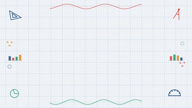Graph paper background with animated sine waves, bar charts and geometry tools, seamless loop with a blank centre for text