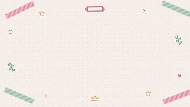 Dot grid journal page with washi tape corners, a ribbon banner and botanical sprigs, seamless looping background with copy space
