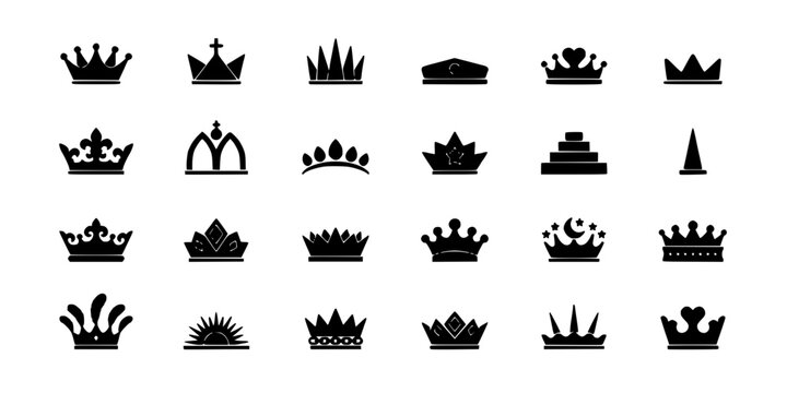 Crowns Arranged in a 4x6 Grid with Various Designs and Styles Featuring Crown, Royal, King with Queen and Regal Elements