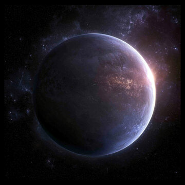 A dark, mysterious exoplanet orbiting in deep space, beautifully illuminated by a rising sun, surrounded by countless stars