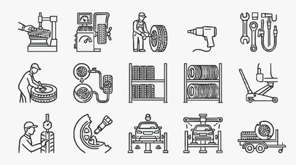 Fototapeta premium Professional Black and White Line Drawing Icons Set Featuring Auto Repair Tools Equipment and Maintenance Scenes