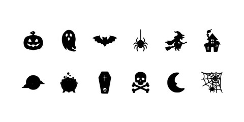 Obraz premium Halloween Icons Featuring a Jack-O'-Lantern, Ghost, Bat, Spider, Witch, Haunted House, Black Cat, Candy, Tombstone, Skull, Crescen
