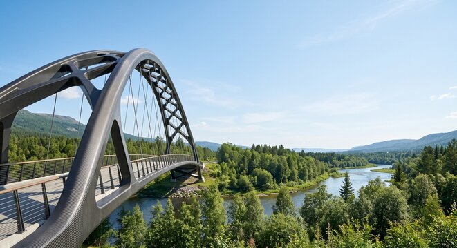 Futuristic carbon fiber arch bridge spanning river in natural landscape representing sustainable infrastructure engineering