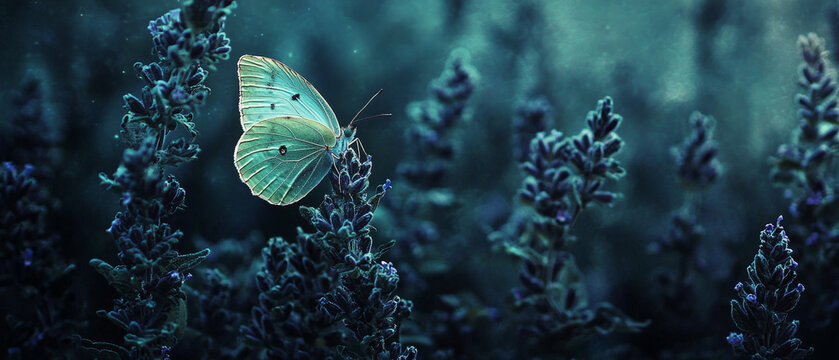 A luminous teal butterfly delicately rests on frosted dark lavender, within a mysterious, dreamy, ethereal macro scene