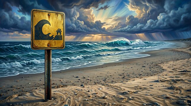 Yellow Tsunami Warning Sign on a Sandy Beach with Dramatic Stormy Ocean Waves and Sky
