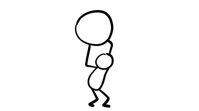Stick Figure Carrying Heavy Load. Holding Rock in Hands. Force. Effort.