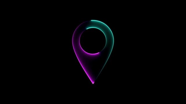 Abstract location glowing neon icon fast tracking map pin icon animation on black background.