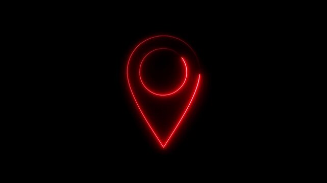 Abstract location glowing neon icon fast tracking map pin icon animation on black background.