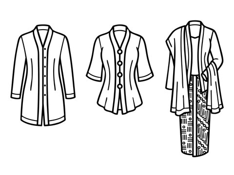 Traditional Indonesian kebaya clothing line art vector illustration set.