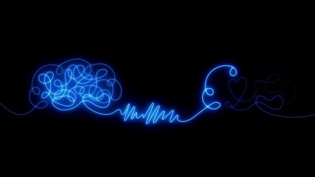 Neon Chaos to harmony brain with tangled thoughts transforming into heart centered calm mind, emotional balance concept, mental health healing, stress relief and self awareness.