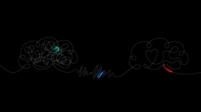 Neon Chaos to harmony brain with tangled thoughts transforming into heart centered calm mind, emotional balance concept, mental health healing, stress relief and self awareness.