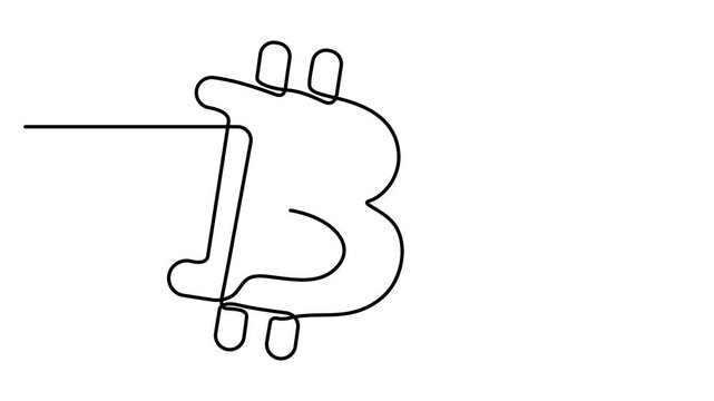 Animated self drawing of Bitcoin symbol drawn with a single continuous black line isolated on a white background. Full length one line animation. 4K video