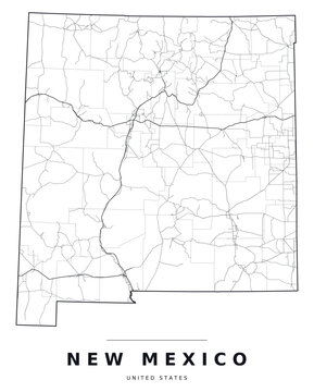 New Mexico NM map showing counties, interstate highways and major roads. Editable black line vector on a white background for classroom use, wall art and travel guides.