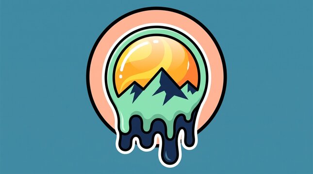 Vibrant melting sun emblem with dripping layers and mountain silhouettes in flat design style with layered contours mountain range silhouette inside