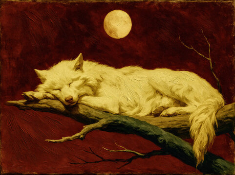 Sleeping Wolf on a Branch Beneath Full Moon.