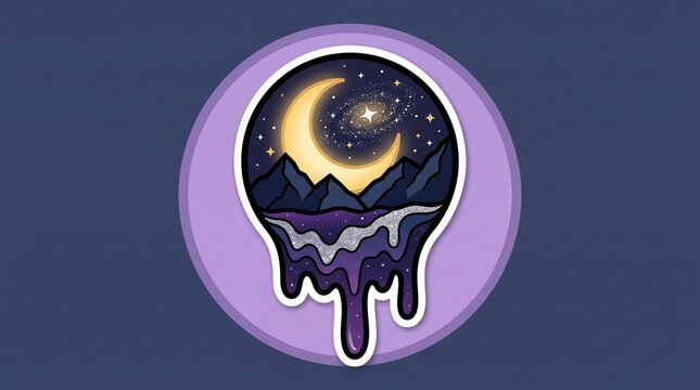 Whimsical night sky brain melting into cosmic mountain landscape with glowing moon with twinkling stars vibrant outline dripping purple mountains crescent moon