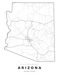 Fototapeta premium Arizona AZ map showing counties, interstate highways and major roads. Editable black line vector on a white background for classroom use, wall art and travel guides.