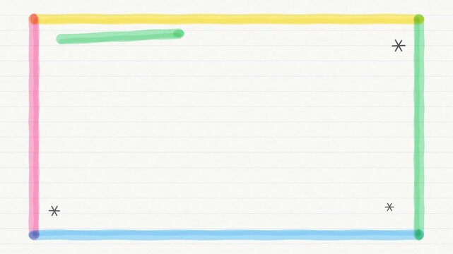 Bright highlighter marker strokes drawing a frame on lined paper then wiping away, seamless loop with an empty centre for text