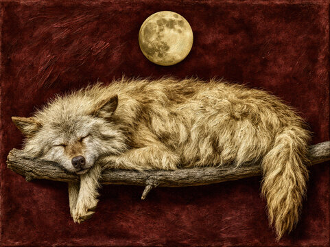 Sleeping Wolf on a Branch Beneath Full Moon.