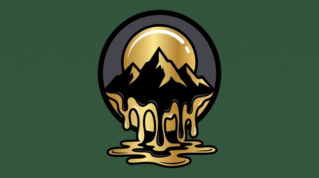 Stylized melting mountain range with golden sun and liquid base in circular frame with set against dark green background artistic depiction melting