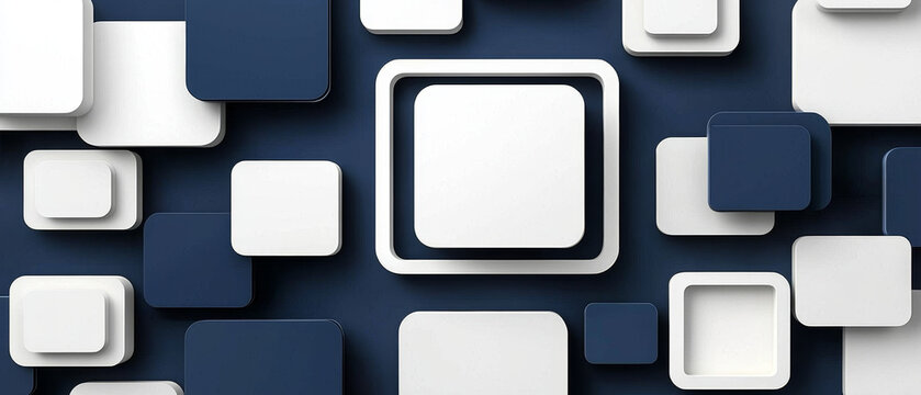 Abstract 3D geometric pattern of white and navy blue rounded squares and frames, layered on a dark blue background, creating depth