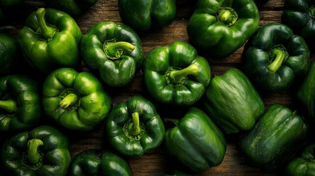 43.Top down view of harvested organic green peppers arranged together, rich tones and natural shine, subtle field background, celebration of sustainable farming in Penticton countryside