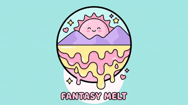 Whimsical cartoon landscape with melting ice cream topped by smiling sun character in playful graphic style with character perched atop cheerful animated sun