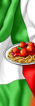 Hand-drawn Italian flag with plate of spaghetti and meatballs, meatballs, country flags