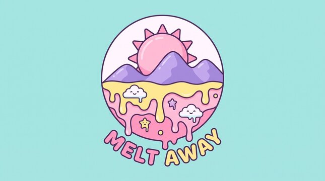 Whimsical melting fantasy landscape emblem with playful text with circular emblem showcasing surreal melting landscape rising sun dripping textures whimsical