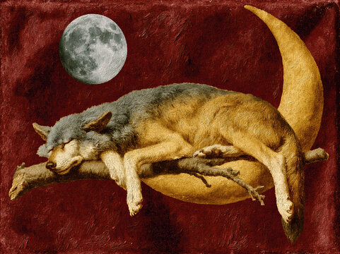 Sleeping Wolf on a Branch Beneath Full Moon.