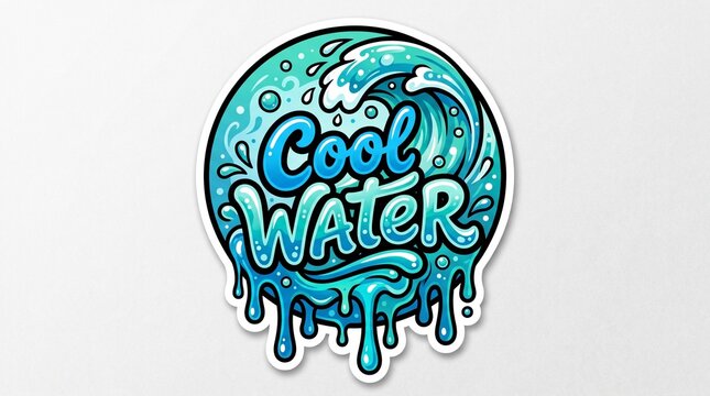 Vibrant dripping water sticker design with cool text in modern fluid art style with water effects forming dynamic eye catching water inspired