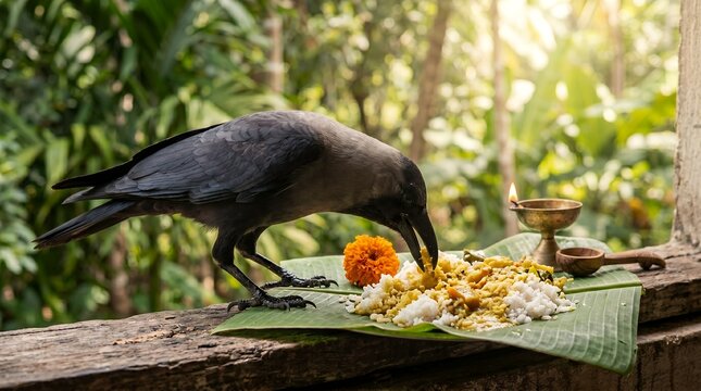 Crow Bird Feeding on Traditional Indian Meal Served on Banana Leaf with Oil Lamp