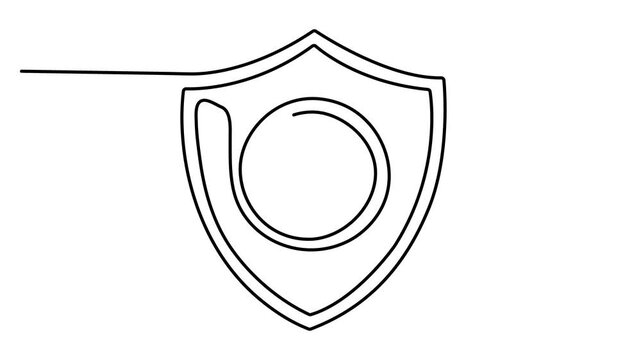 Animated self drawing of Continuous single line drawing of a bitcoin symbol inside a protective shield icon isolated on a clean white background. Full length one line animation. 4K video