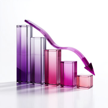 Vibrant transparent glass bar chart with downward trend arrow showing decline in purple and pink shades on white background