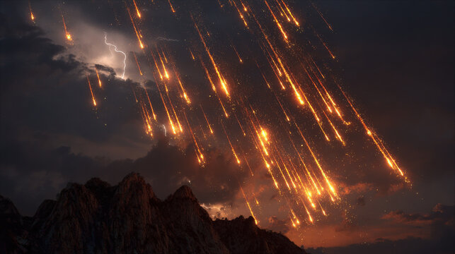Meteor shower night sky lightning mountain silhouette fiery streaks dark clouds glowing trails natural phenomenon dramatic sky orange light