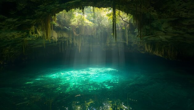 Sunlight illuminating the bottom of a clear blue cenote with green algae
