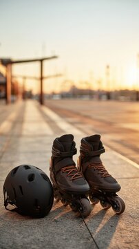 Pair of inline skates and helmet standing on urban plaza at dusk