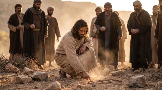 Jesus Christ crouches on a dusty path writing on the ground with his finger while men hold stones behind him, depicting the biblical scene of Christ and the woman taken in adultery.