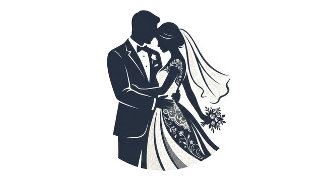 Black silhouette of a happy bride and groom hugging each other at their wedding ceremony wearing formal elegant attire