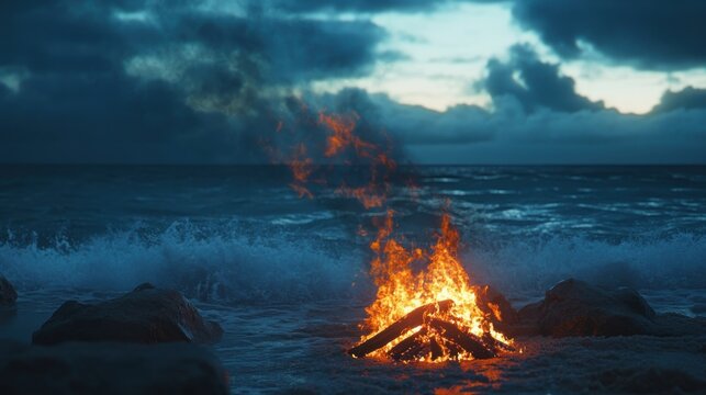 Bonfire on a beach at night. Burning campfire by the ocean waves under a dark cloudy sky.