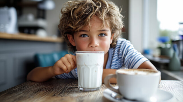 Young boy sipping milk at wooden table in cafe interior