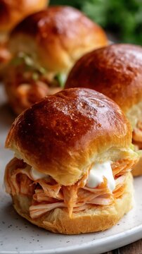 Pulled buffalo chicken slider on a soft brioche bun with ranch drizzle closeup for menu and recipe card design