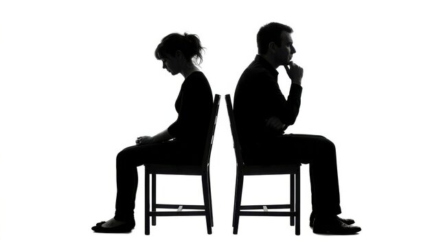 Sad man and woman sitting back to back on chairs feeling lonely and having relationship problems in a dark silhouette