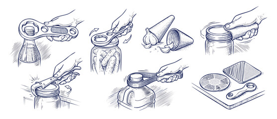 Jar Opener Tool Vector Illustration of kitchen bottle opener gadgets. Hand drawn set of silicone grip pads, jar key, strap wrench, and garlic peeler tools for easy lid opening, isolated on white backg © Dinali