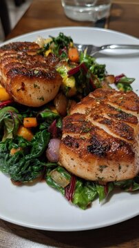 Pan fried cod with orange and swiss chard for menu design and cookbook recipe background showcasing seared seafood with citrus garnish